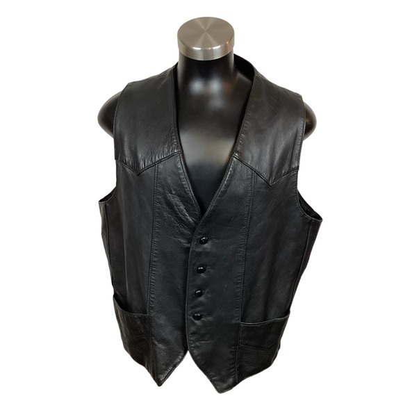 Diamond Leathers Button Front Black Leather Vest - Picture 1 of 6